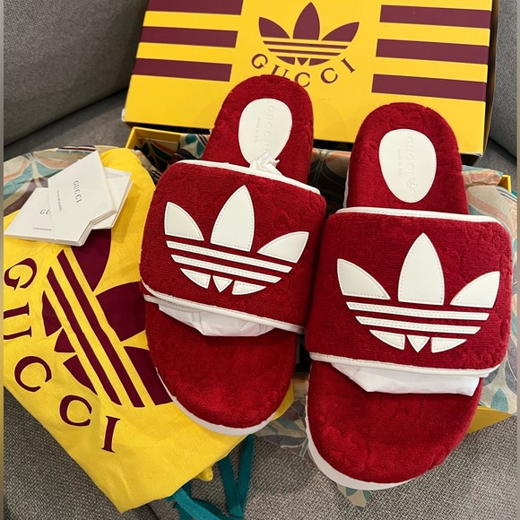 Gucci Other - NEW Gucci x Adidas GG monogram red logo slide sandals